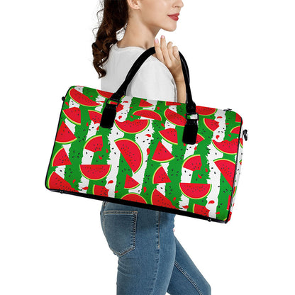 Green Stripes Watermelon Pattern Print Leather Duffle Bag