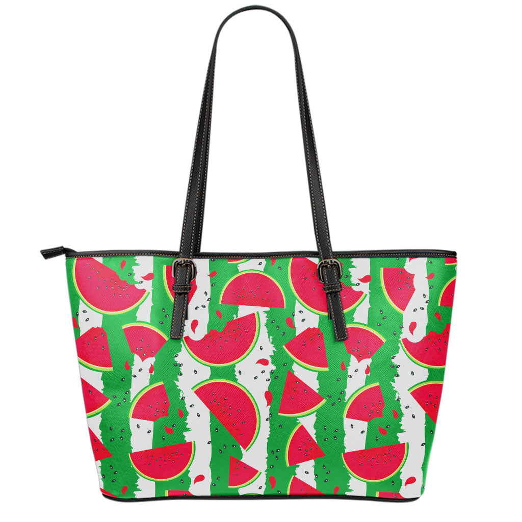 Green Stripes Watermelon Pattern Print Leather Tote Bag