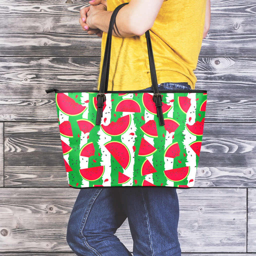 Green Stripes Watermelon Pattern Print Leather Tote Bag