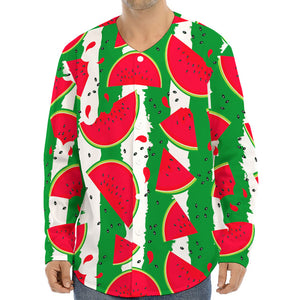 Green Stripes Watermelon Pattern Print Long Sleeve Baseball Jersey