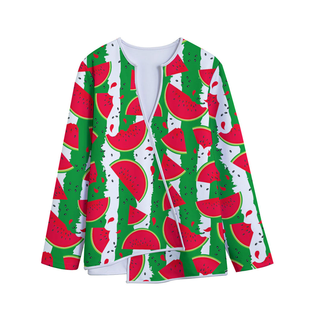 Green Stripes Watermelon Pattern Print Long Sleeve Short Coat