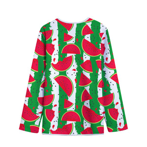 Green Stripes Watermelon Pattern Print Long Sleeve Short Coat