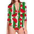 Green Stripes Watermelon Pattern Print Long Sleeve Swimsuit