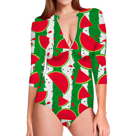 Green Stripes Watermelon Pattern Print Long Sleeve Swimsuit
