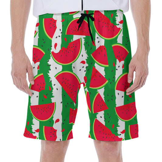 Green Stripes Watermelon Pattern Print Men's Beach Shorts