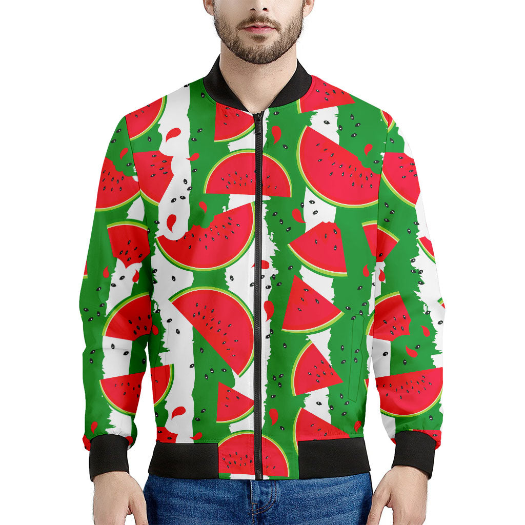 Green Stripes Watermelon Pattern Print Men's Bomber Jacket