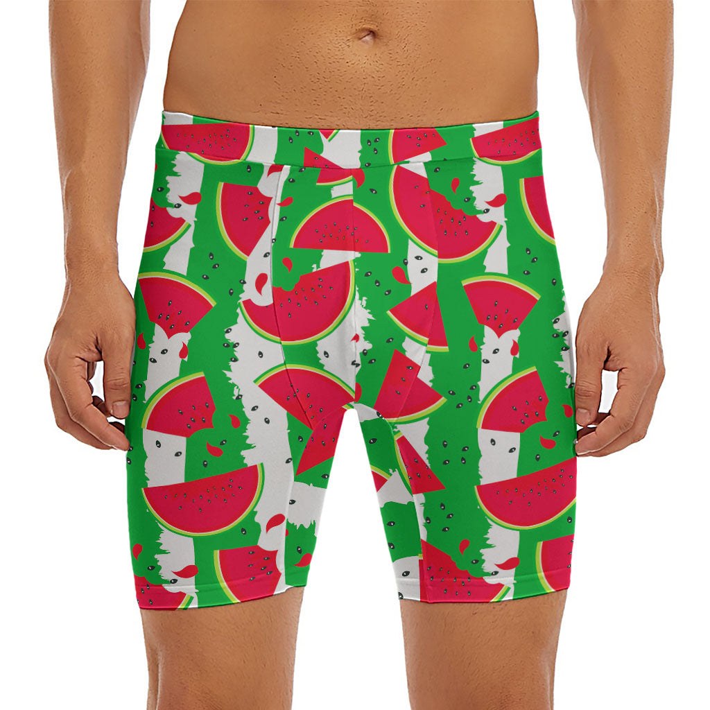 Green Stripes Watermelon Pattern Print Men's Long Boxer Briefs