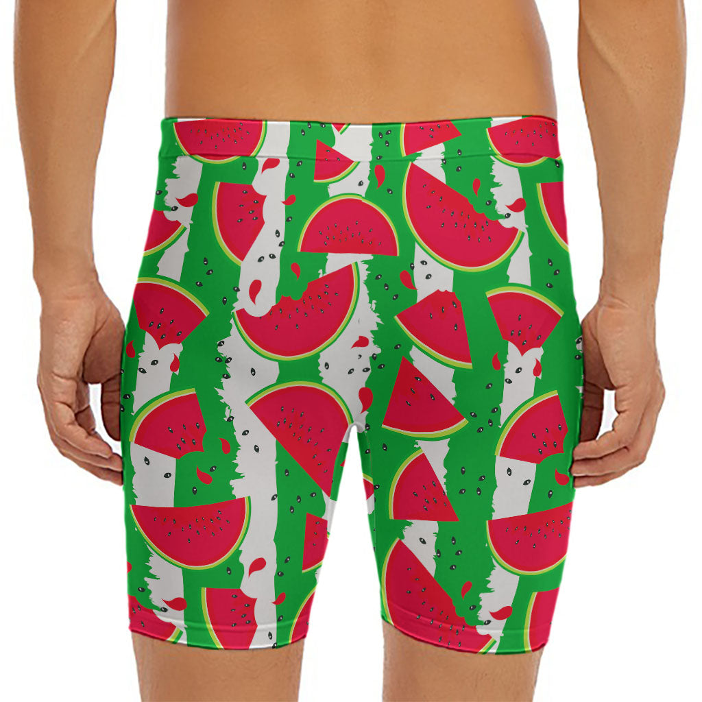 Green Stripes Watermelon Pattern Print Men's Long Boxer Briefs