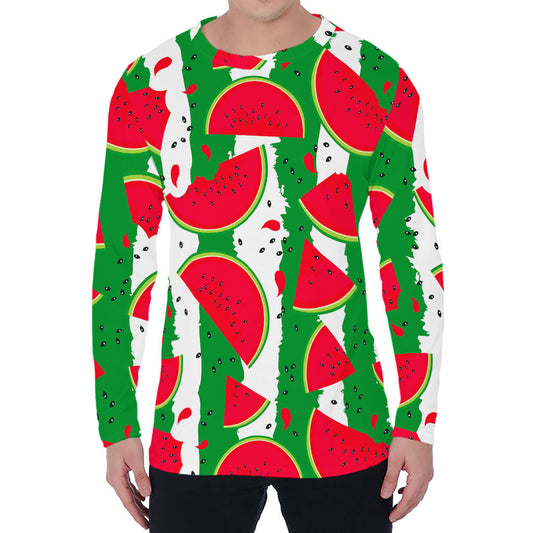 Green Stripes Watermelon Pattern Print Men's Long Sleeve T-Shirt