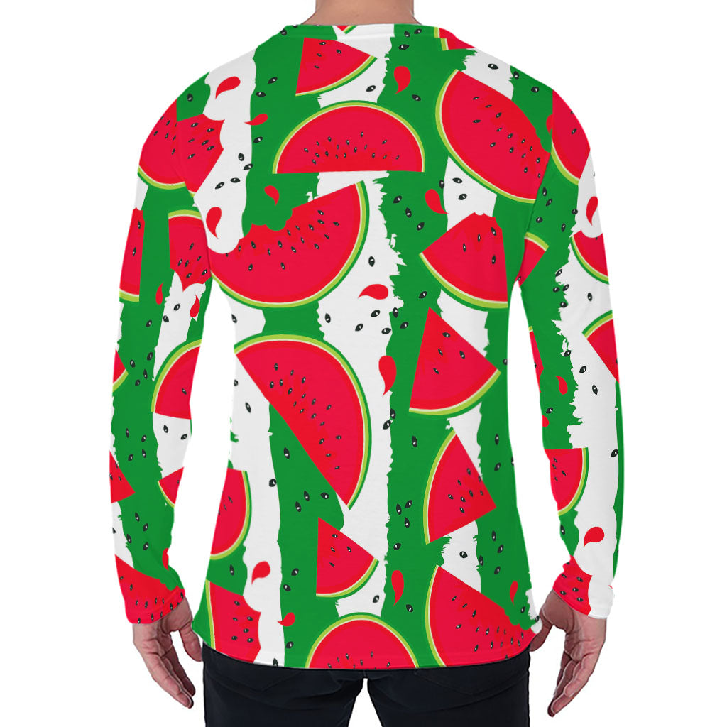 Green Stripes Watermelon Pattern Print Men's Long Sleeve T-Shirt