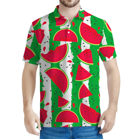 Green Stripes Watermelon Pattern Print Men's Polo Shirt