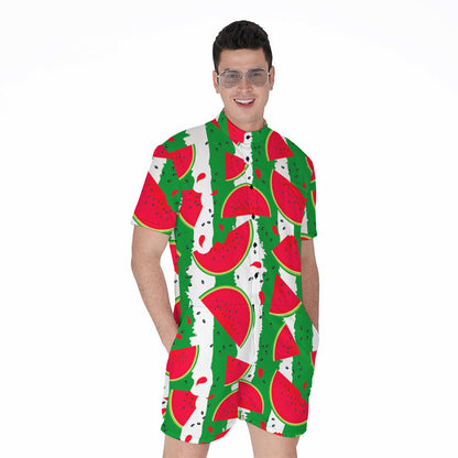 Green Stripes Watermelon Pattern Print Men's Rompers