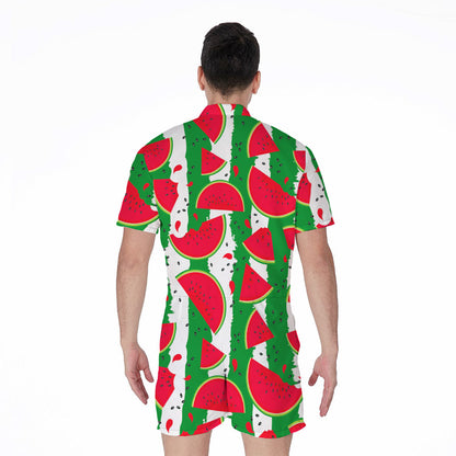 Green Stripes Watermelon Pattern Print Men's Rompers