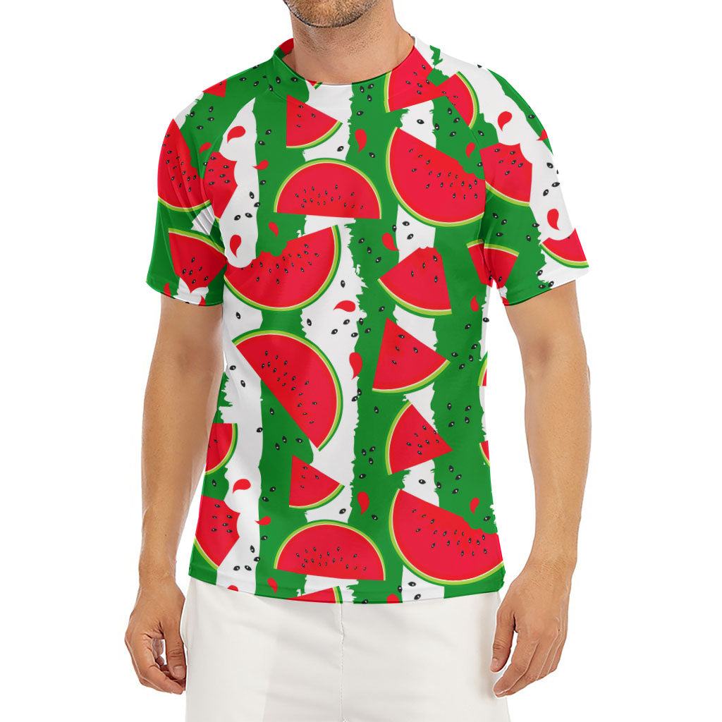 Green Stripes Watermelon Pattern Print Men's Short Sleeve Rash Guard