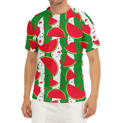 Green Stripes Watermelon Pattern Print Men's Short Sleeve Rash Guard