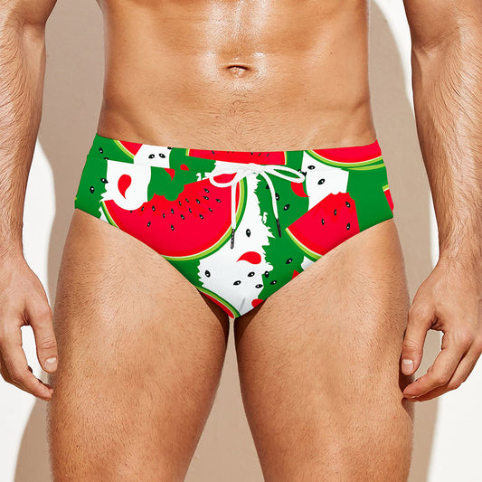 Green Stripes Watermelon Pattern Print Men's Swim Briefs
