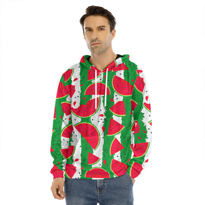 Green Stripes Watermelon Pattern Print Men's Velvet Pullover Hoodie
