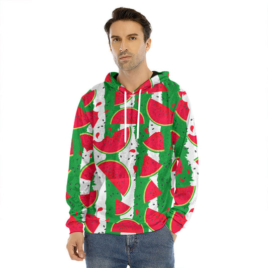 Green Stripes Watermelon Pattern Print Men's Velvet Pullover Hoodie