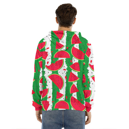 Green Stripes Watermelon Pattern Print Men's Velvet Pullover Hoodie