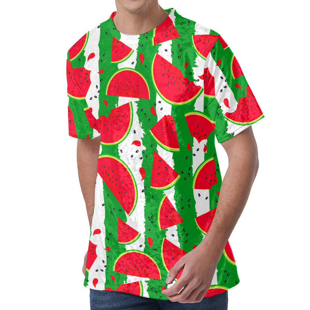 Green Stripes Watermelon Pattern Print Men's Velvet T-Shirt