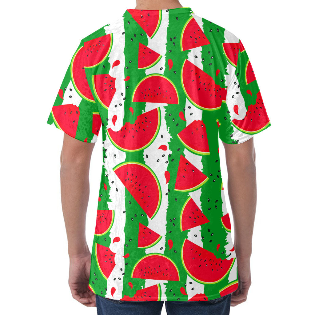 Green Stripes Watermelon Pattern Print Men's Velvet T-Shirt