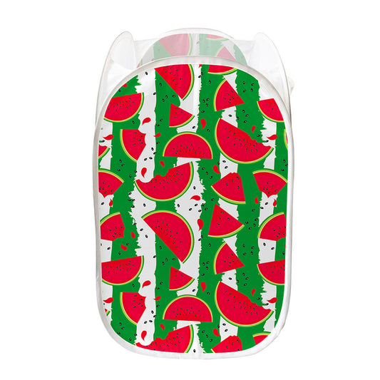Green Stripes Watermelon Pattern Print Mesh Laundry Hamper