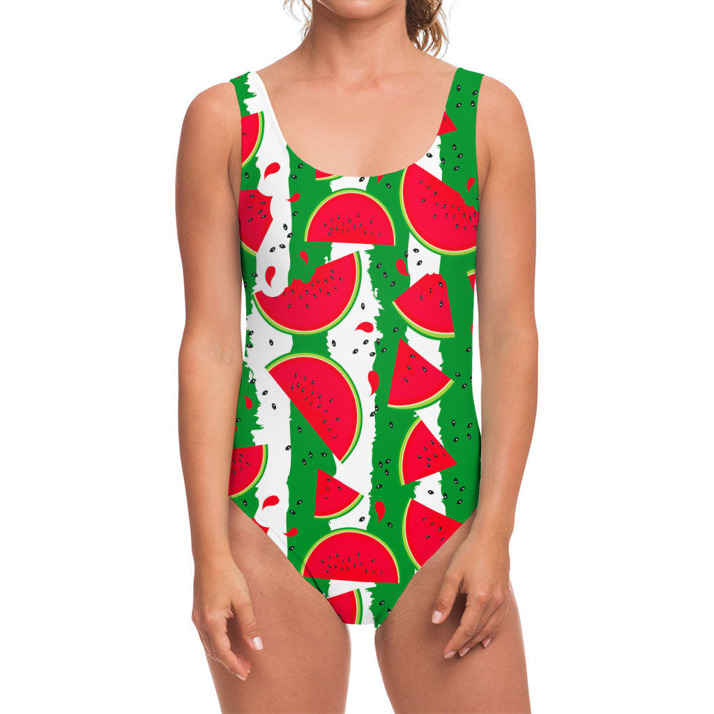 Green Stripes Watermelon Pattern Print One Piece Swimsuit
