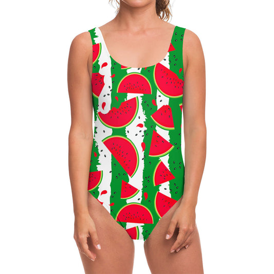 Green Stripes Watermelon Pattern Print One Piece Swimsuit
