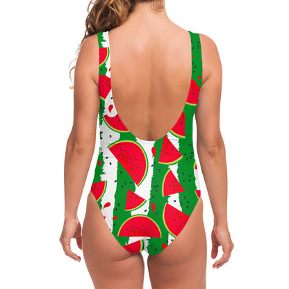 Green Stripes Watermelon Pattern Print One Piece Swimsuit