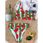 Green Stripes Watermelon Pattern Print One Shoulder Bikini Top