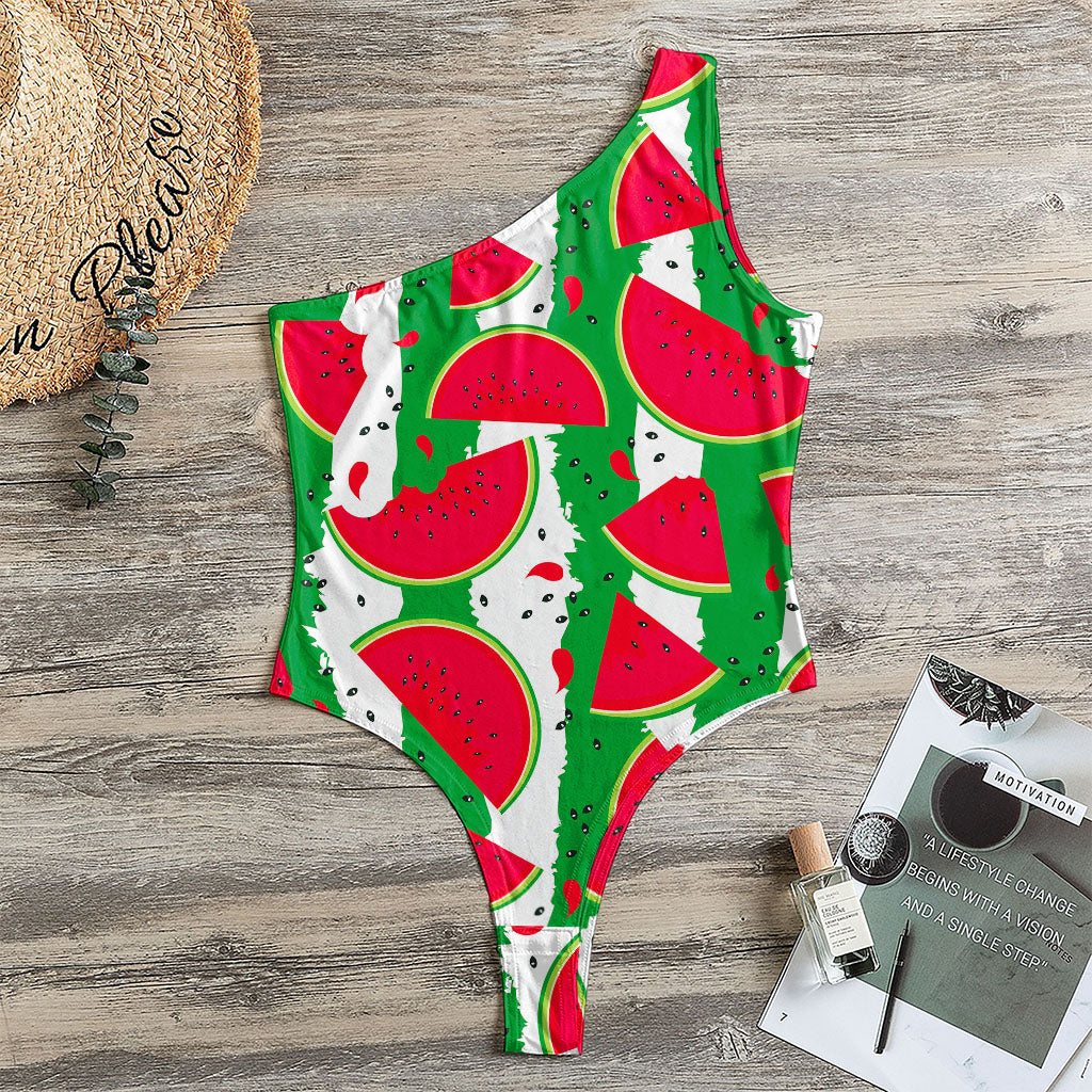 Green Stripes Watermelon Pattern Print One Shoulder Bodysuit