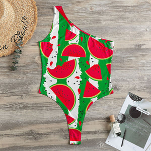 Green Stripes Watermelon Pattern Print One Shoulder Bodysuit