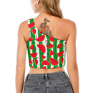 Green Stripes Watermelon Pattern Print One Shoulder Crop Top