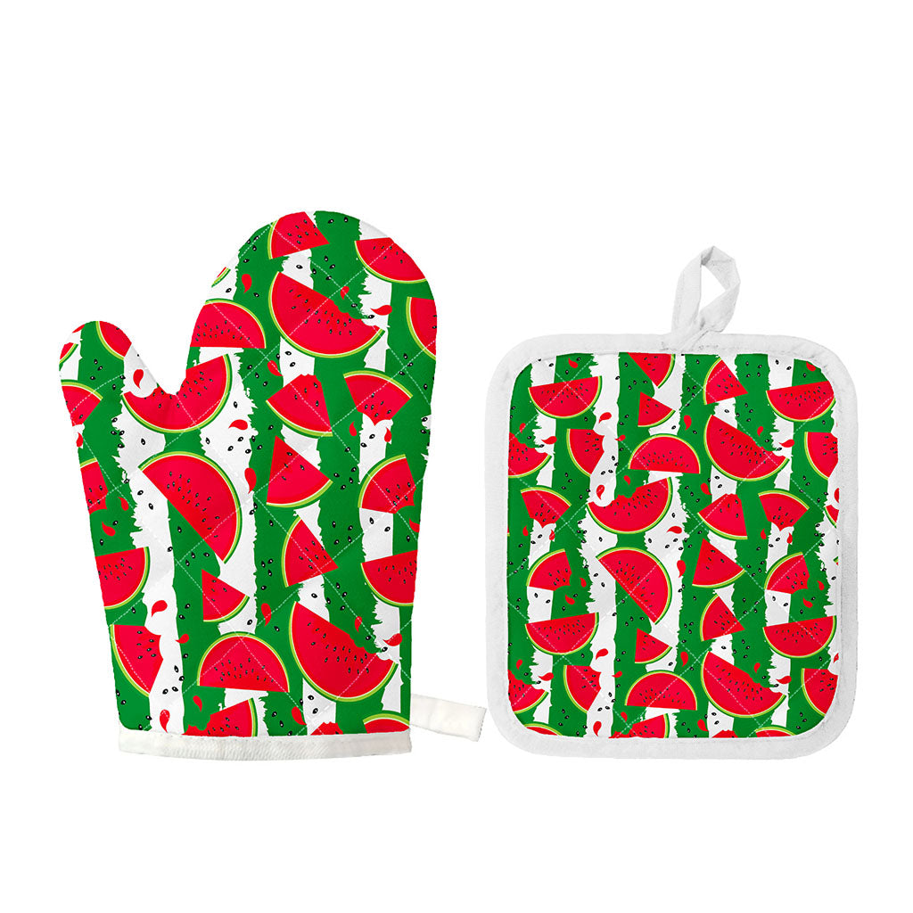 Green Stripes Watermelon Pattern Print Oven Mitt And Pot Holder Set