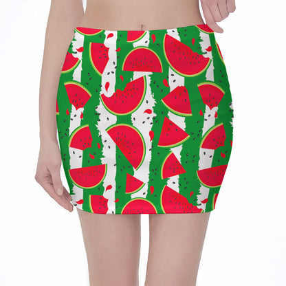 Green Stripes Watermelon Pattern Print Pencil Mini Skirt