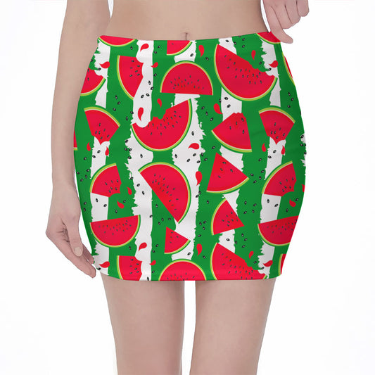 Green Stripes Watermelon Pattern Print Pencil Mini Skirt