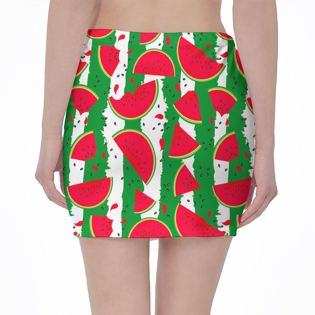 Green Stripes Watermelon Pattern Print Pencil Mini Skirt