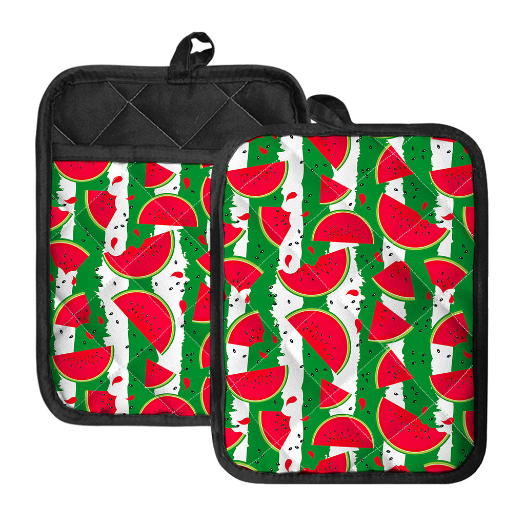 Green Stripes Watermelon Pattern Print Pot Holders With Pocket