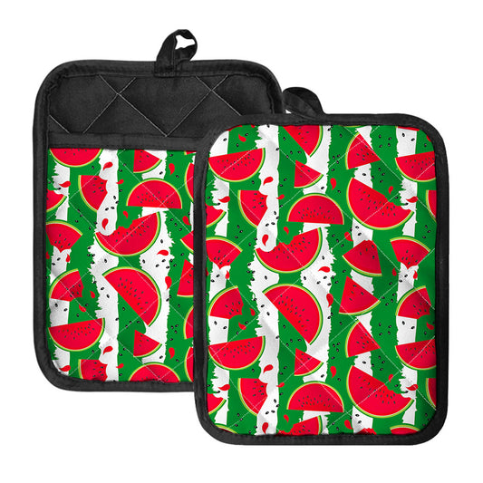 Green Stripes Watermelon Pattern Print Pot Holders With Pocket