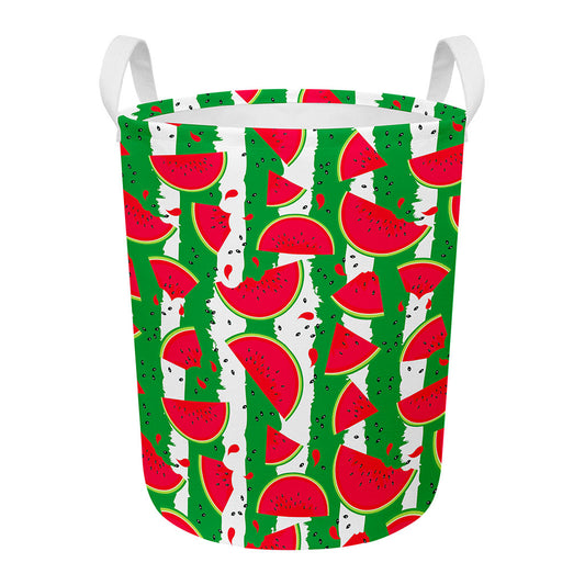 Green Stripes Watermelon Pattern Print Round Laundry Basket