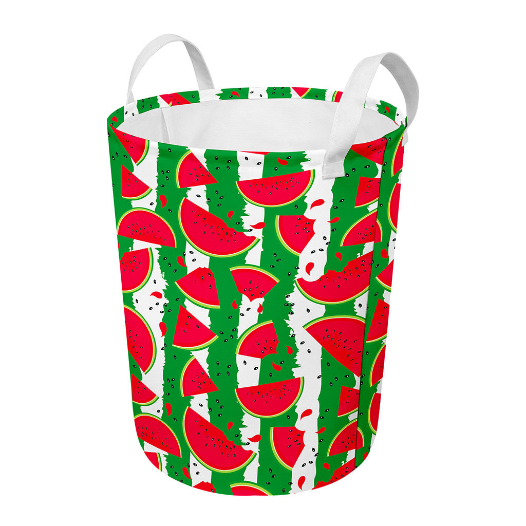Green Stripes Watermelon Pattern Print Round Laundry Basket