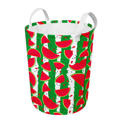 Green Stripes Watermelon Pattern Print Round Laundry Basket