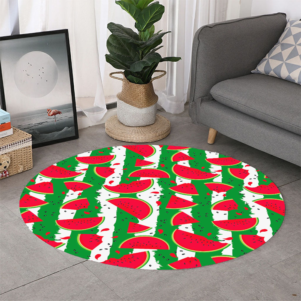 Green Stripes Watermelon Pattern Print Round Rug