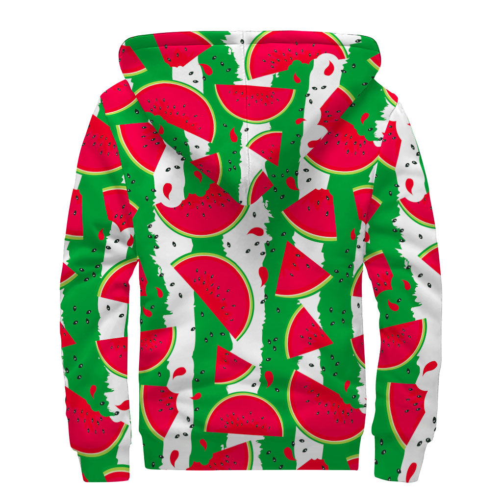 Green Stripes Watermelon Pattern Print Sherpa Lined Zip Up Hoodie