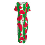 Green Stripes Watermelon Pattern Print Short Sleeve Long Nightdress