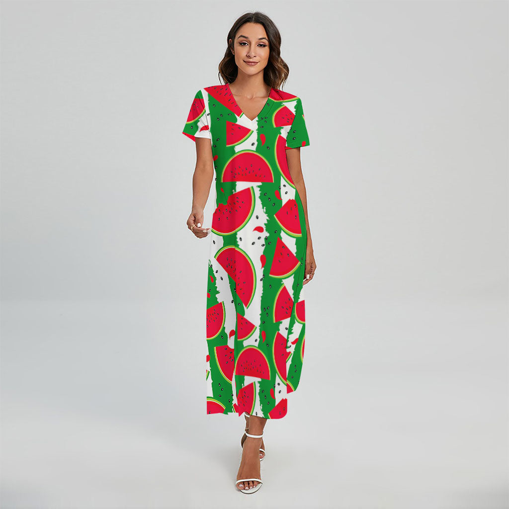 Green Stripes Watermelon Pattern Print Short Sleeve Maxi Dress