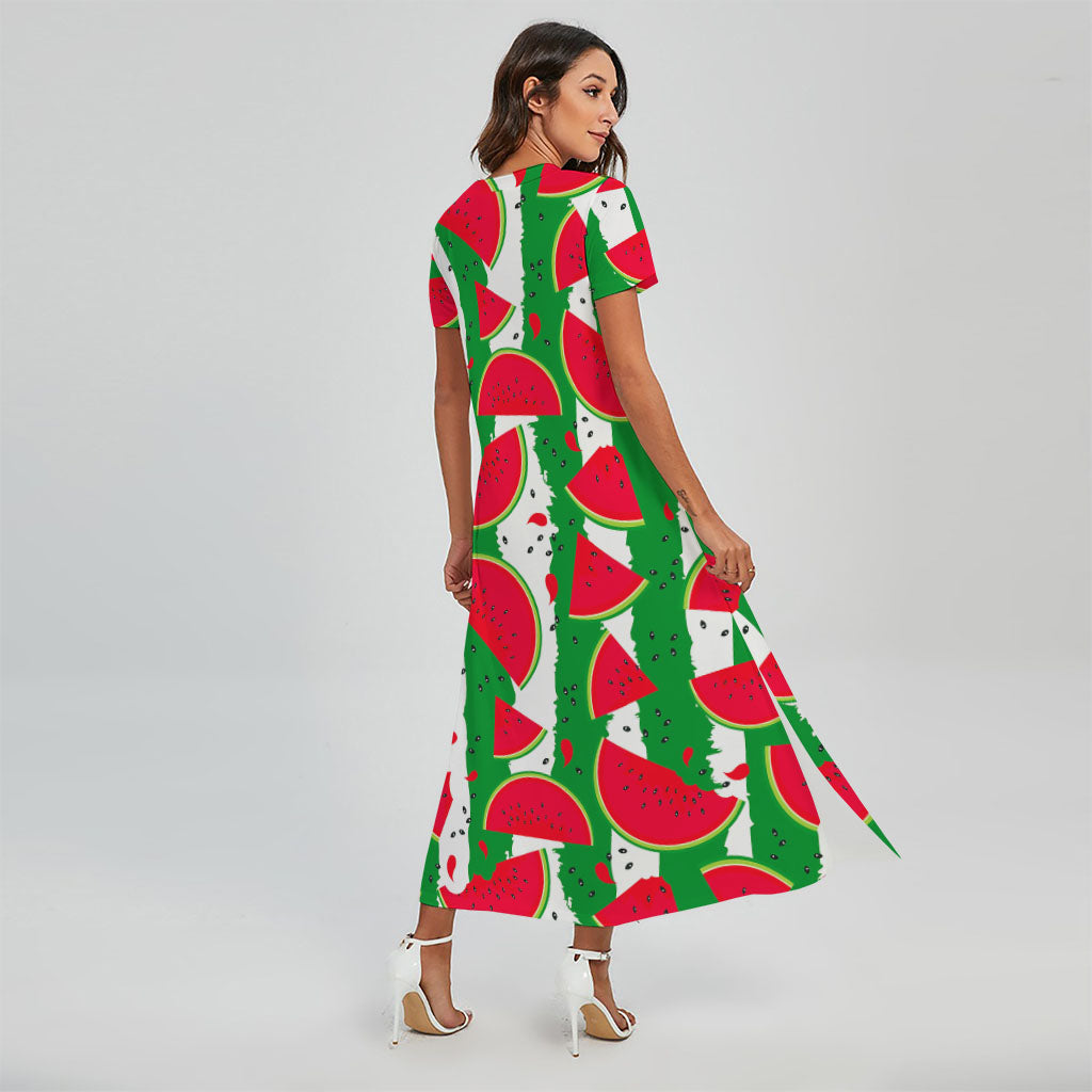 Green Stripes Watermelon Pattern Print Short Sleeve Maxi Dress