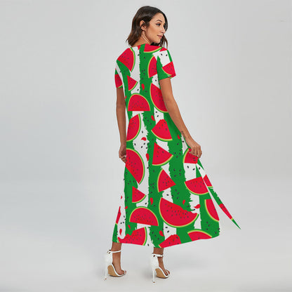 Green Stripes Watermelon Pattern Print Short Sleeve Maxi Dress