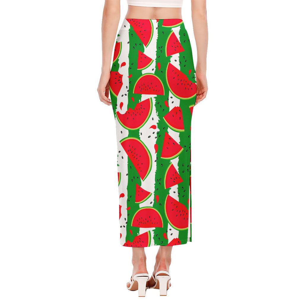 Green Stripes Watermelon Pattern Print Side Slit Maxi Skirt