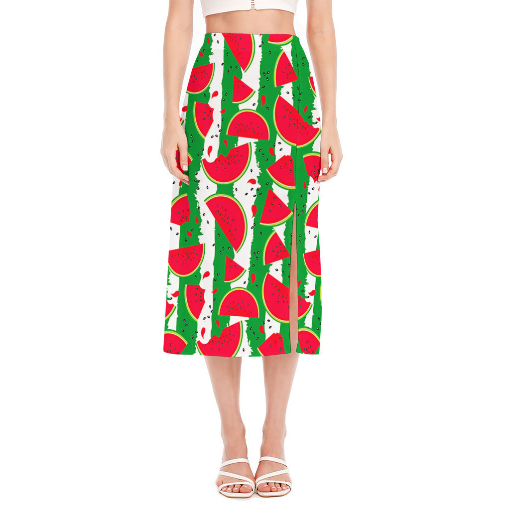 Green Stripes Watermelon Pattern Print Side Slit Midi Skirt